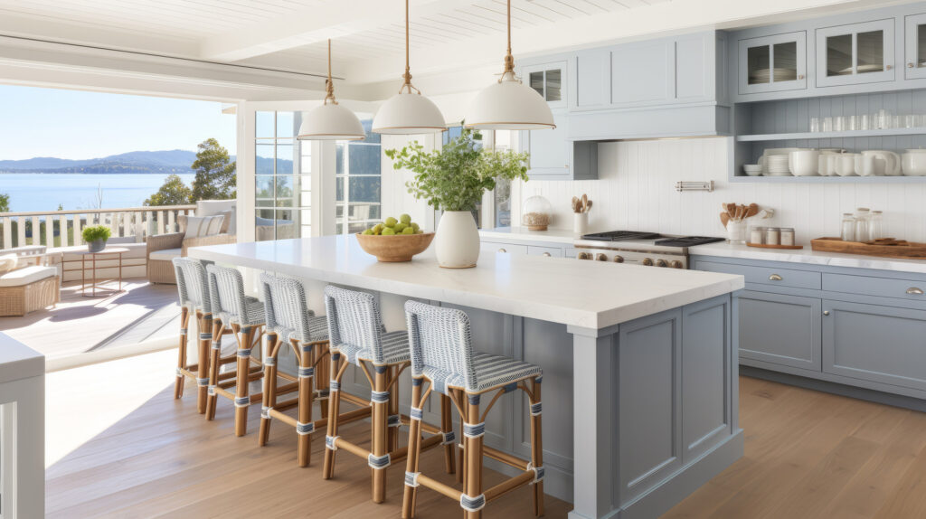 Laminate floors in luxury kitchen with a large island by Sterling Flooring in Anaheim, CA & Mission Viejo, CA | Sterling Carpet & Flooring